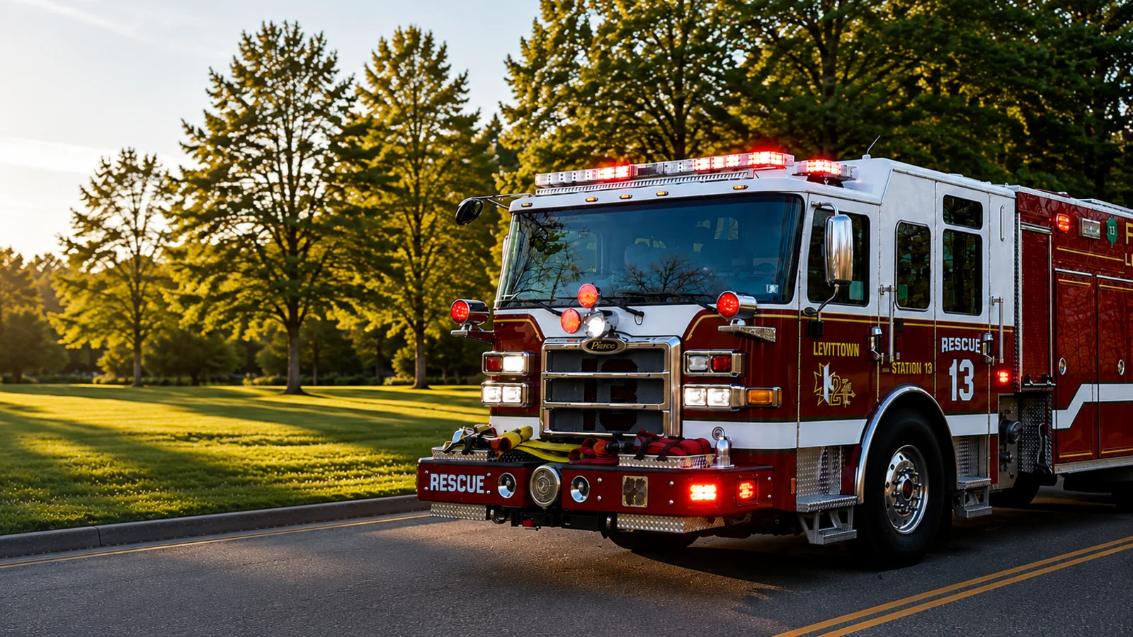 Levittown Fire Company Rescue 13 parked beside a green community park