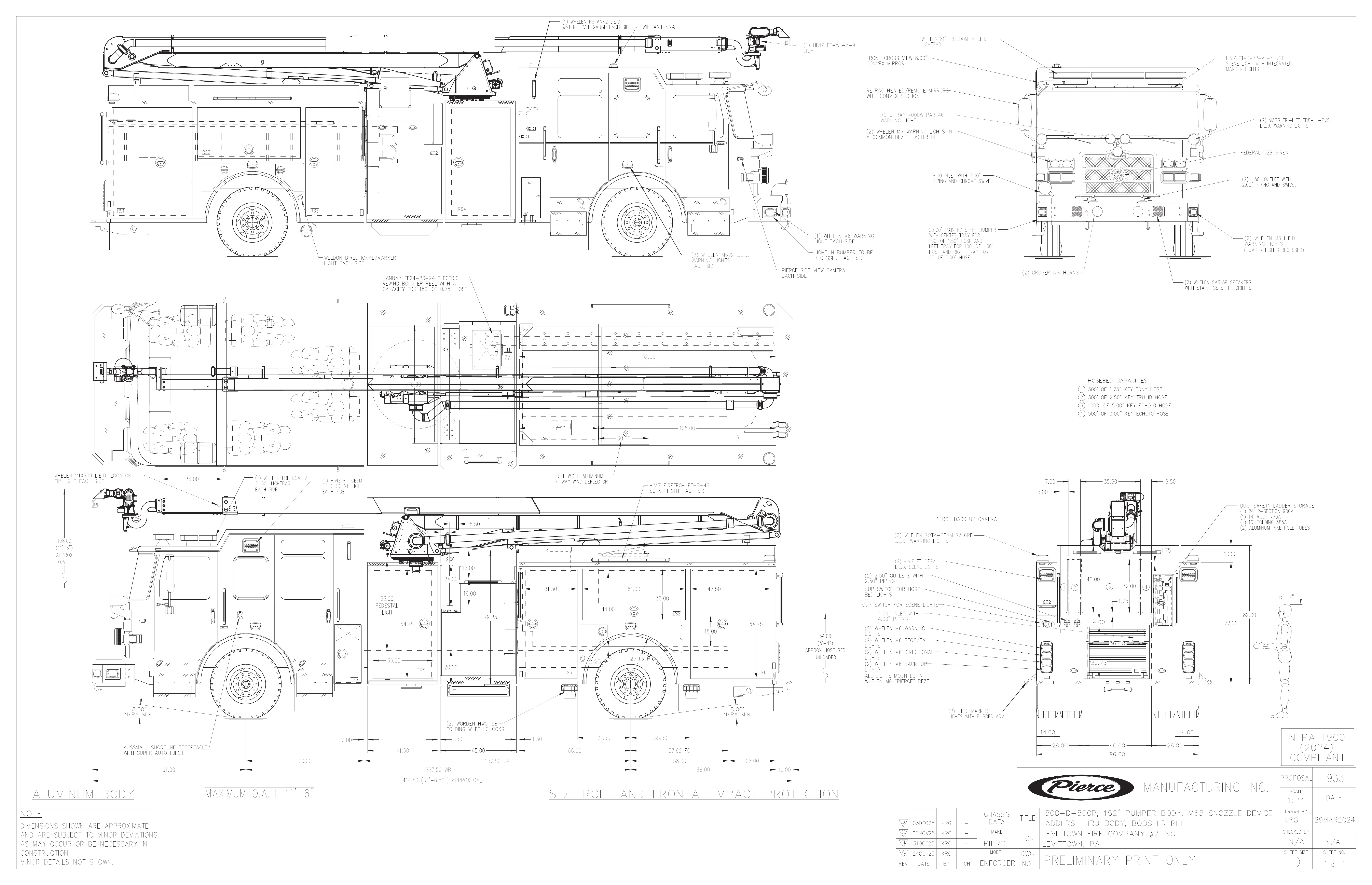Preliminary side, top, and opposite-side engineering drawing of the new Squrt 13 Pierce Enforcer 65-foot Snozzle
